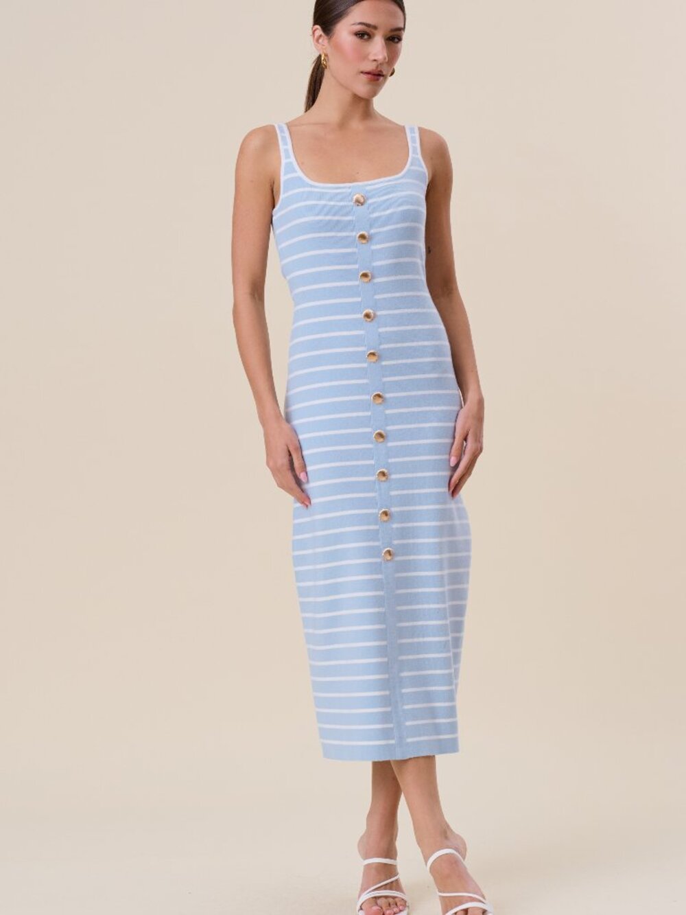 Shell Button Striped Knit Maxi Dress